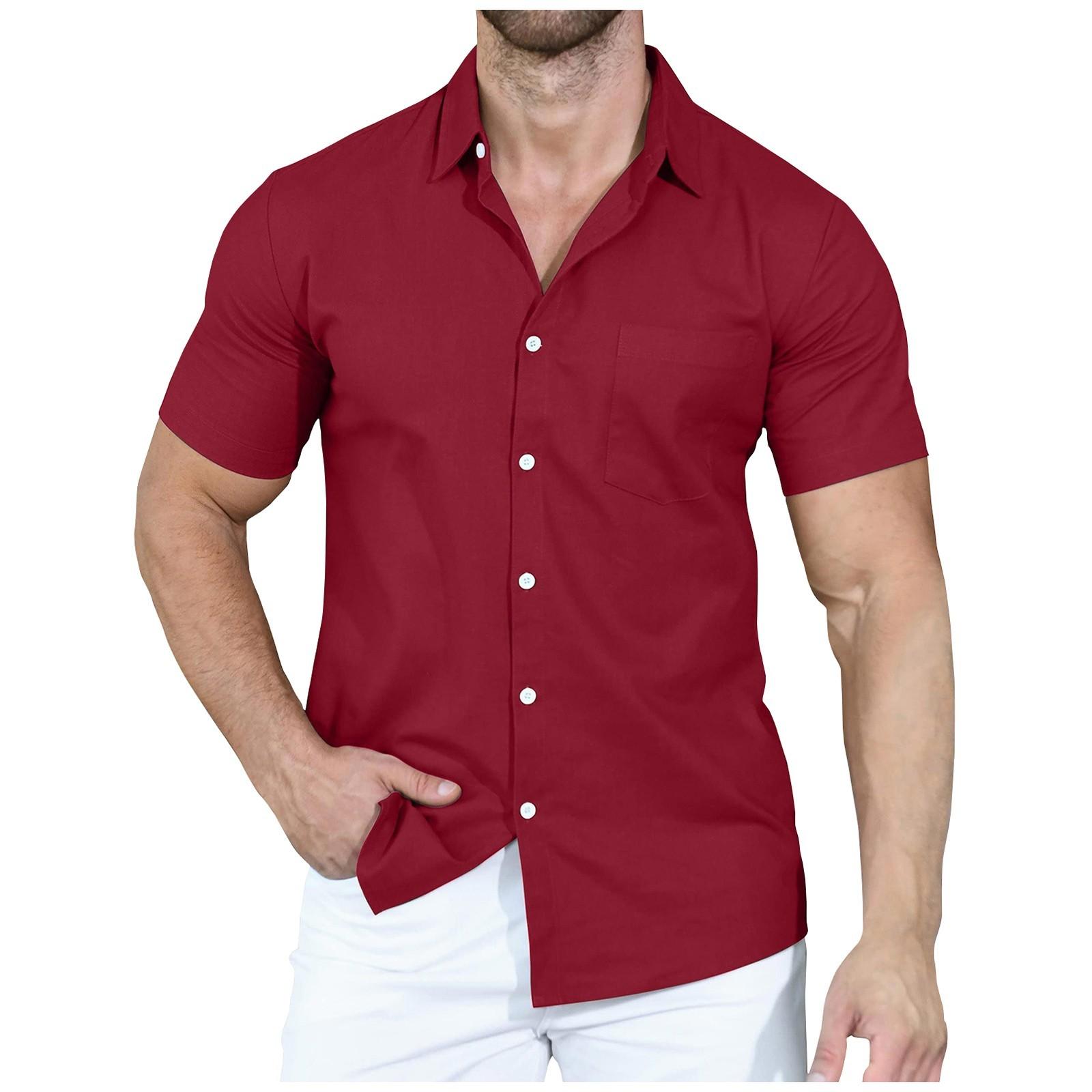 

Мужская повседневная однобортная однобортная рубашка с короткими рукавами и однотонным воротником L винный