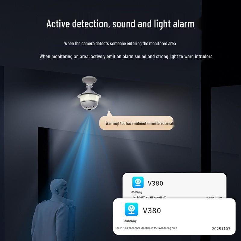 V380pro Wireless 360° Fisheye Panoramic Bulb Camera with E27 Base