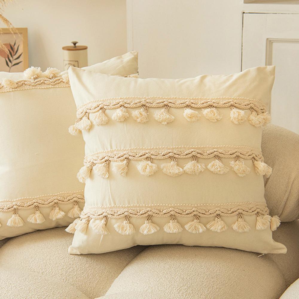 Boho Beige Cushion Cover Funda Cogines De 45X45 Tassel Geometric Pattern Throw Pillowcase Simple Cotton Pillow Covers Decor Home
