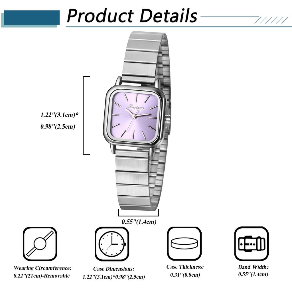 Cute Square Stainless Steel Strap with Adjustable Quartz Fashion Watch Perfect for or as a Gift for Her Women's Watch, Waterproof Length, Movement, -