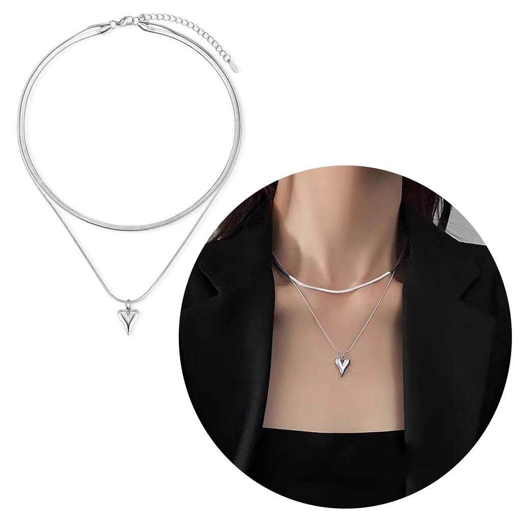 Fashionable Double Layer Stainless Steel Collar Chain Heart Pendant Necklace Adjustable Neck Chain for Anniversary Party