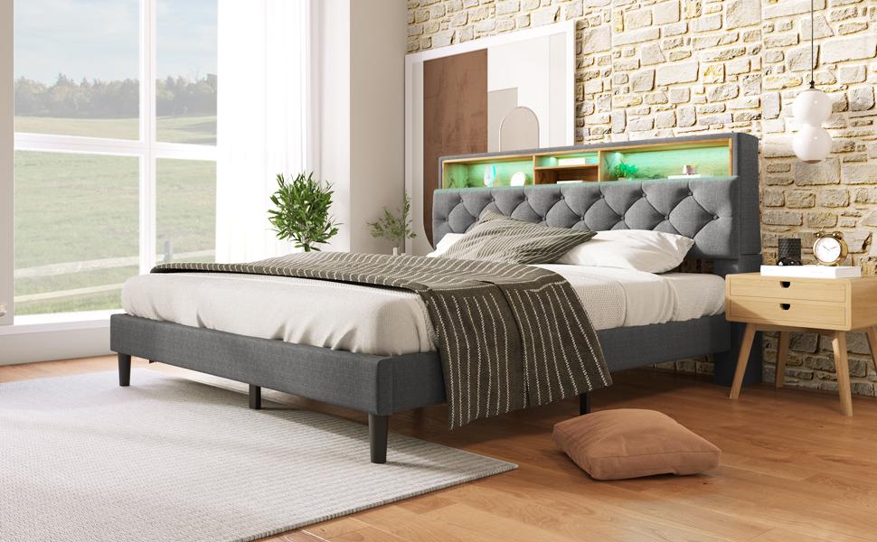 Upholstered Bed Double Bed Storage Headboard Bed with LED Lighting Bed Frame Slatted Frame made of Wood,140*200CM Grey (With Mattress)