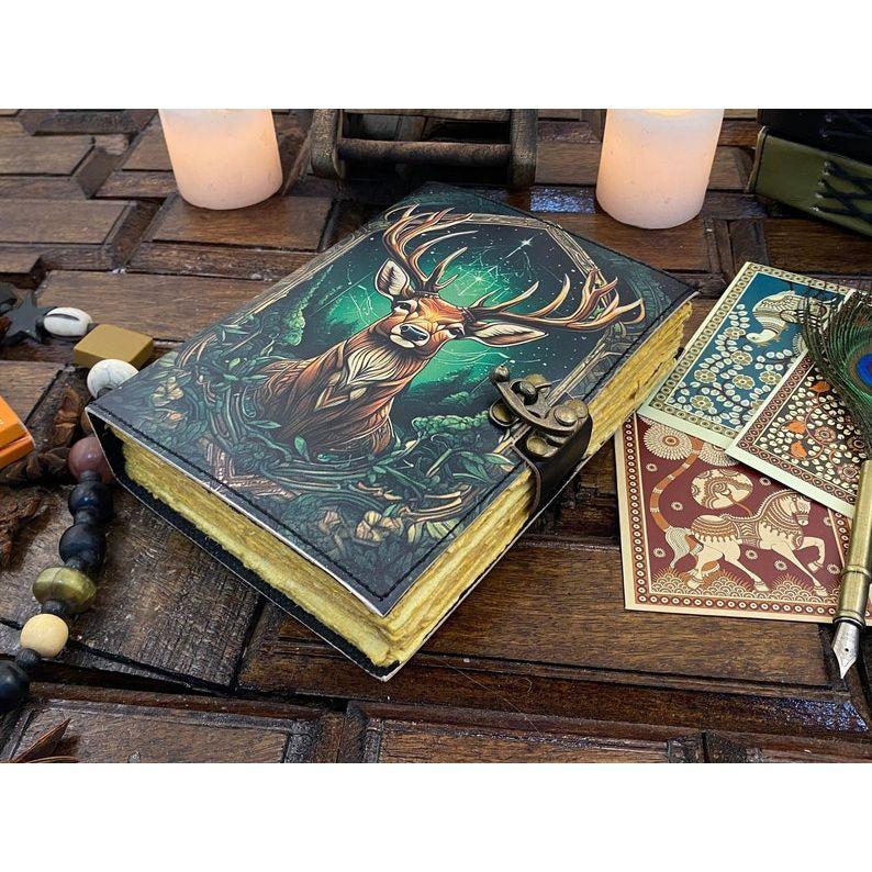 Vintage Leather Journal Deer Printed Journal Blank Spell Book of Shadows Handmade Leather Journal Grimoire Journal with Deckle Edge Paper