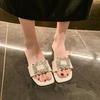 Fashion Slippers for Women in Summer Wear New Rhinestone Square Buckle Flat Flip-flops Fairy Style Beach Sandals and Slippers