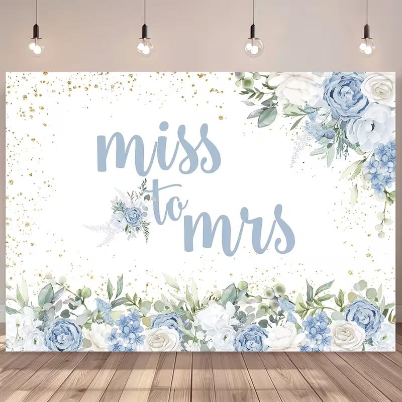 

2D Flat Printed Miss to Mrs Tapestry, Dusty Blue Floral Bridal Shower Photo Backdrop 47.2x31.5inch/120*80cm