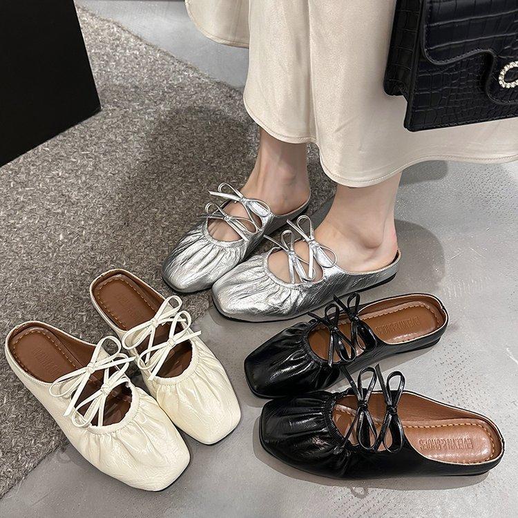 Bow Inner Height Increase Silver Bag Head Half Slippers Women's Shoes Fashion Wear 2025 New Summer Mary Jane Shoes