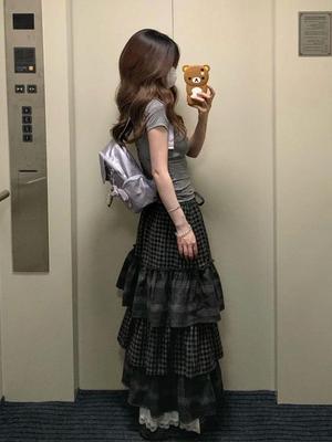 Women's Retro Gray Plaid Patchwork Layered Long Skirt with Heavy Embroidery For Autumn/Winter