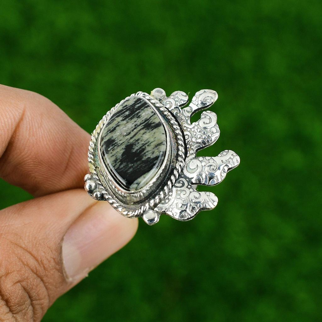 Gift For Women Promise Adjustable Ring 925 Silver Natural Silver Leaf Jasper