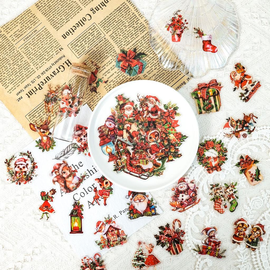50 PCS Vintage Christmas PET Stickers - Transparent Holiday Decals for Journals, Gifts, DIY