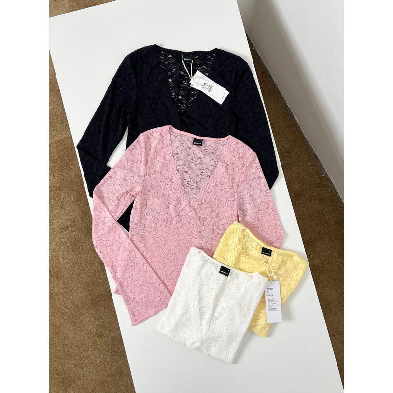 

Nordic Niche GT Lace Shirt XS-XL Size Beautiful Elastic Lace Long sleeve T-shirt V-neck Semi-Transparent Top Summer Pink S