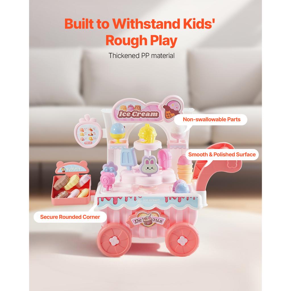 SucceBuy Pink Kids Ice Cream Cart Pretend Play Store Dolly with Sound & Light Effect Montessori Educational Toys for Children
