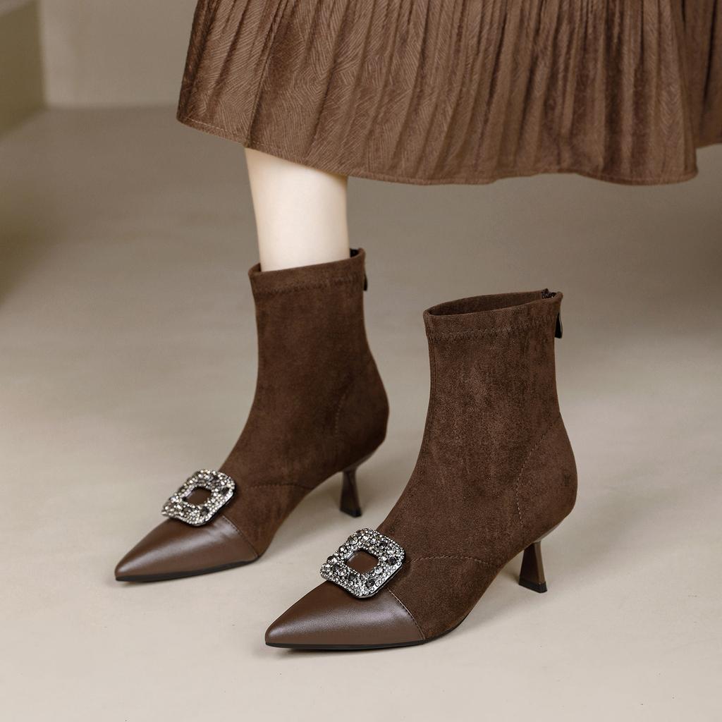 Pointed Fashion High Heel Boots Slim Heel Chelsea Boots Rhinestone Square Buckle Skinny Boots Medium Boots
