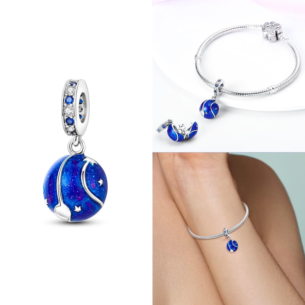 925 Silver Blue Starry Sky Sun Pendant Planet Charms Beads Fit Bracelet Women Jewelry Diy Necklace Accessory Gift