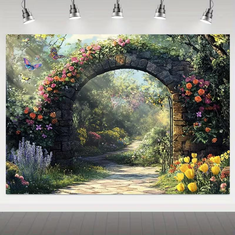 2D HD Fairy Tale Garden Backdrop, Floral Stone Arch with Butterflies Photo Background Cloth