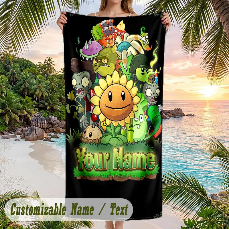 Plants vs. Zombies Beach Towel, Personalized Custom Text, Quick Dry Soft Large Towel For Swimming Pool Travel