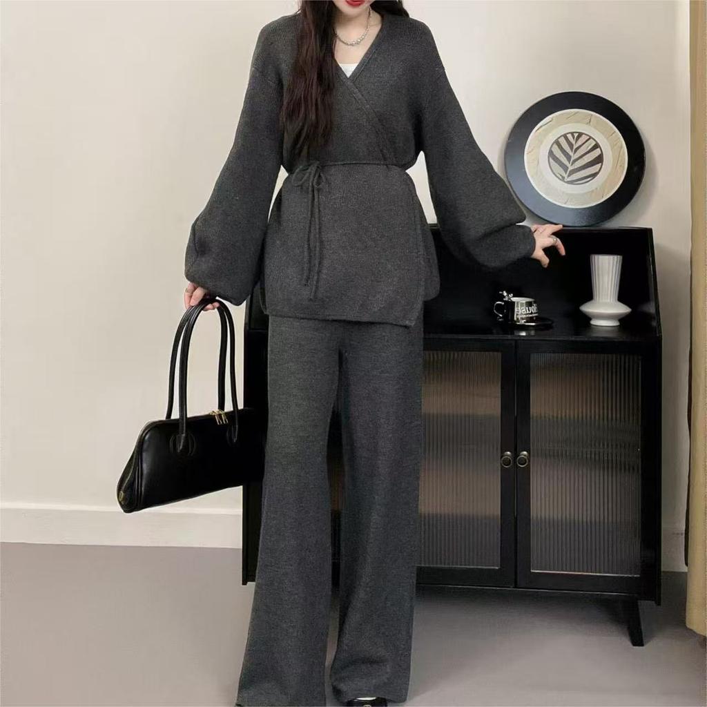 New fashion foreign trade set, women's autumn/winter new elegant loose belt belt knit cardigan wide-leg pants two-piece set