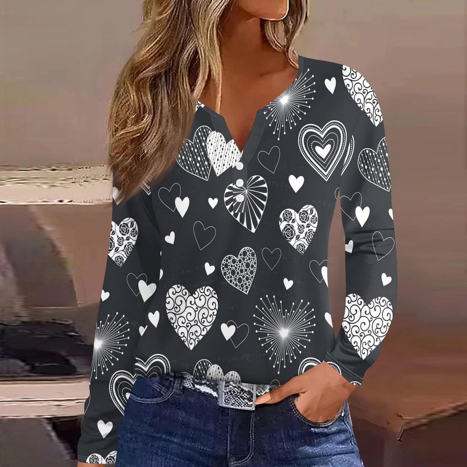 

Женская модная повседневная футболка с V-образным вырезом и длинным рукавом на пуговицах с принтом ко Дню святого Валентина S