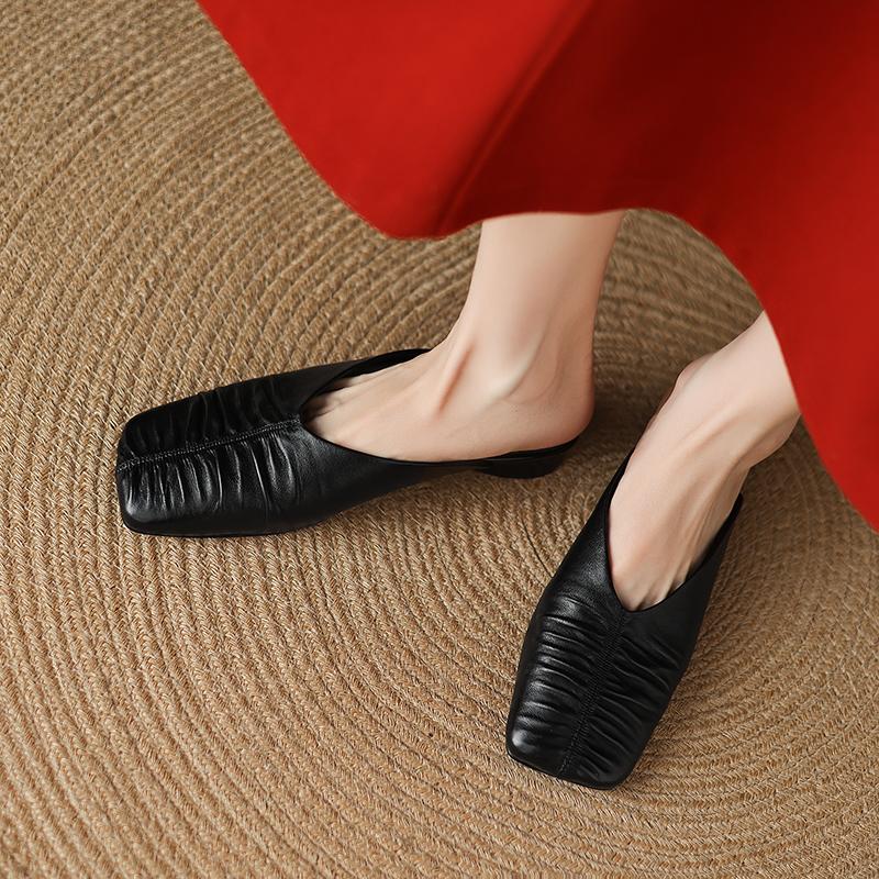 Fashion Muller Slippers Women Pumps Square Toe Genuine Leather Slippers Spring Summer Concise Casual Working Shoes Woman Ladies Shoes
