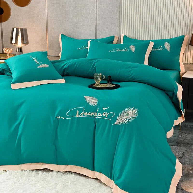 4pcs/set Soft and Comfortable Naked Sleeping Four-piece Bedding Set Feather Embroidery Quilt Cover Simple Bedding Complete Set of Bedding Set