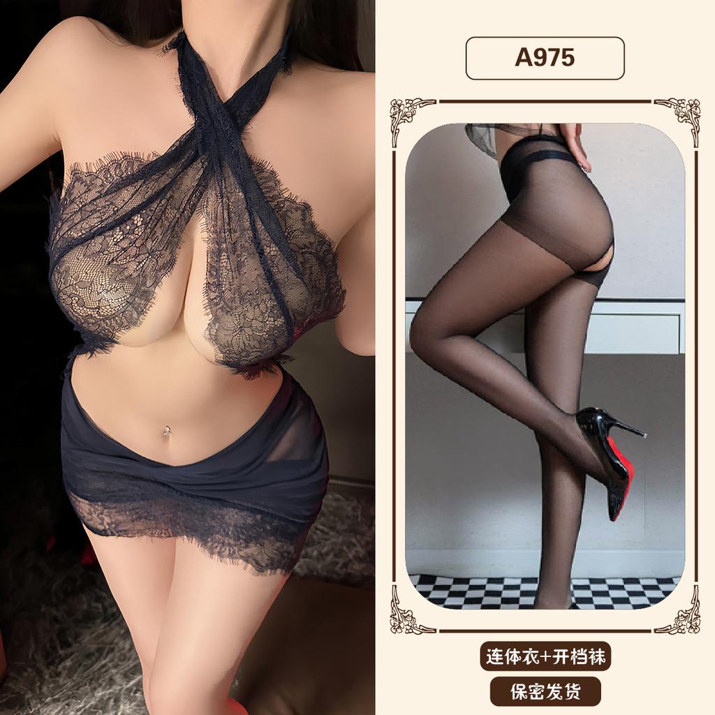 Sexy underwear women's sexy tight neck lace secretary uniform soft yarn hip skirt nightdress set A