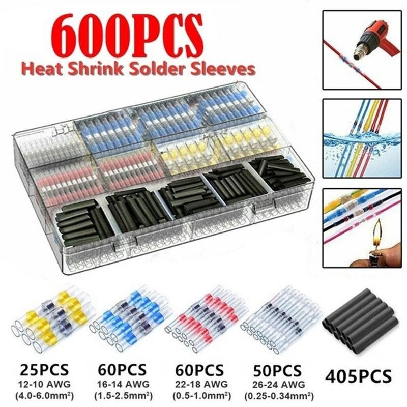50/100/500/800/1200Pcs Heat Shrink Butt Crimp Terminals Waterproof Solder Seal Electrical Butt Connectors Wire Cable Splice