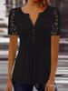 Lace Trim Pleated Solid Color Button Short Sleeve Women's T-Shirt