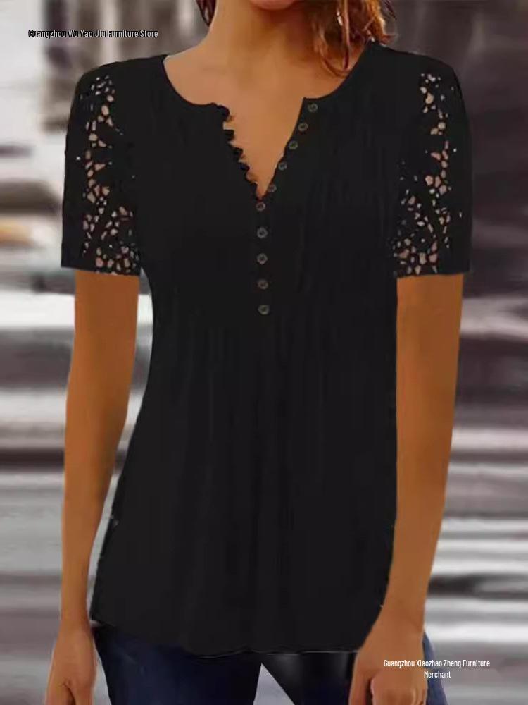 Lace Trim Pleated Solid Color Button Short Sleeve Women's T-Shirt