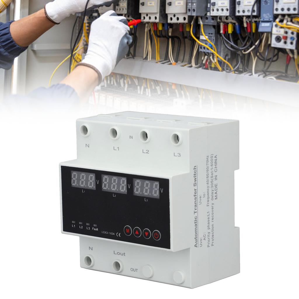 Automatic Transfer   DIN Rail Mounted 3 Phase   LED Display Under Over Voltage Protector