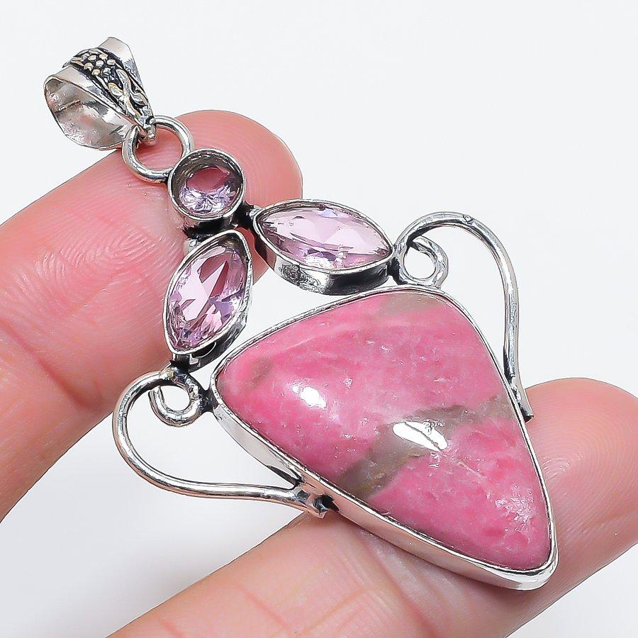 

Натуральный розовый тулит, кунцит 925 стерлинговое серебро ювелирный кулон 2,44 W8C03