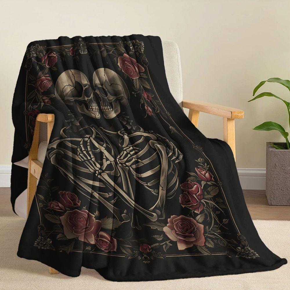 Gothic Skeleton Floral Pattern Flannel Throw Blanket Soft Warm Fleece Bed Sofa Cover,Decorative Dark Aesthetic Plush Bedding for Home Bedroom Couch