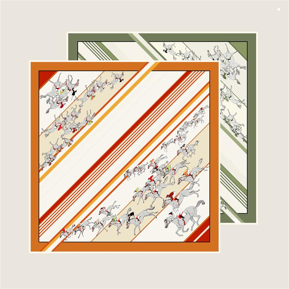 POBING Manual Hand Rolled Twill Silk Scarf Women Horse Double Print Square Scarves Wraps Echarpes Foulards Femme Hijab 90CM