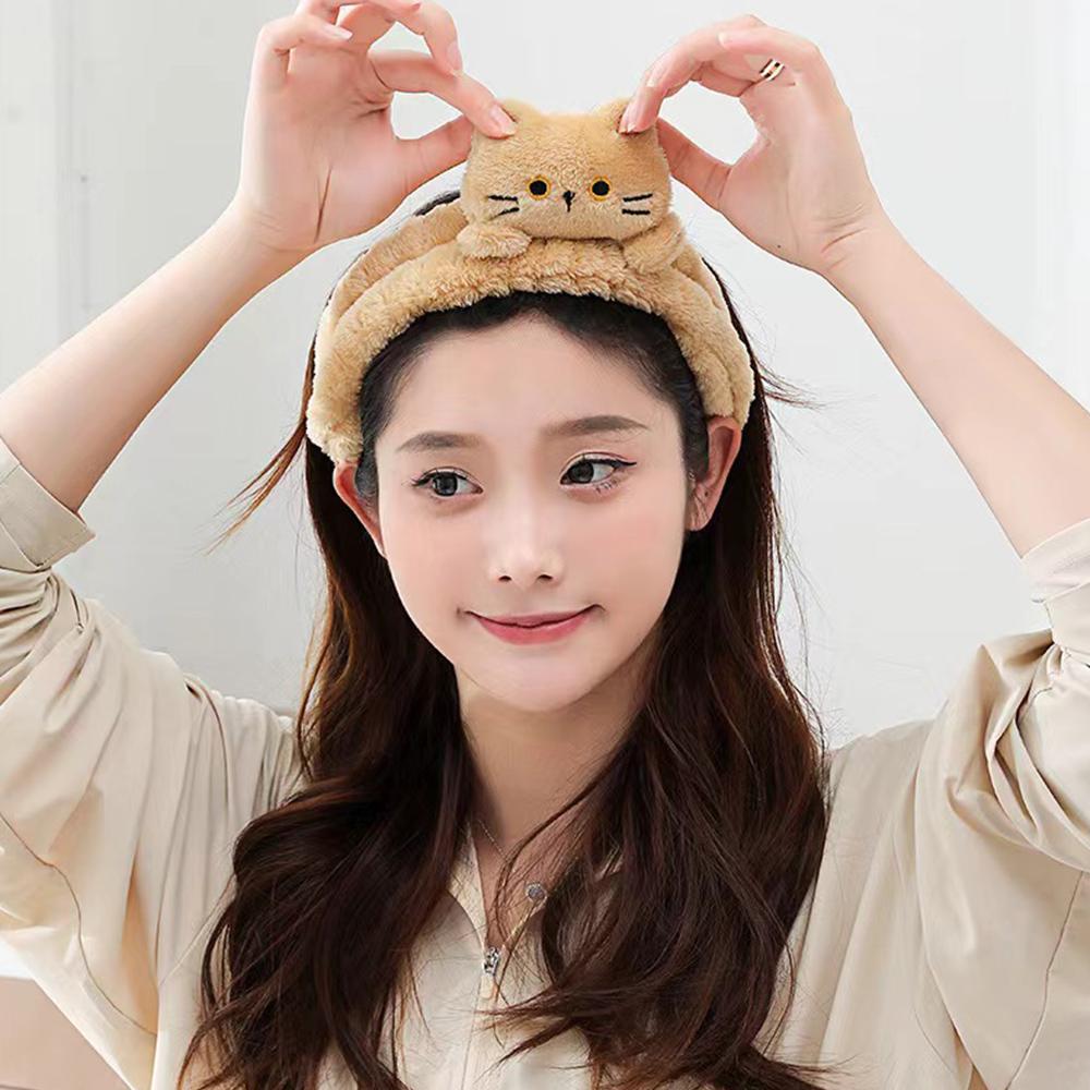 Cute Coral Fleece Head Bands Elastic Cartoon Cat Makeup Wash Face Hairbands Soft Traceless Facial Spa Headwear Hair Accessories