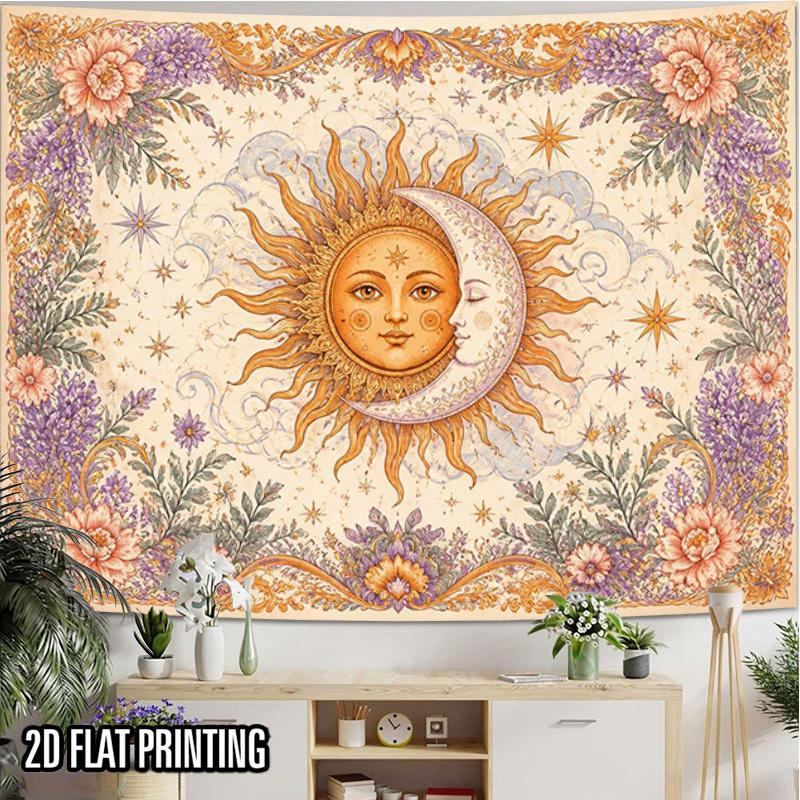 2D Flat - 2D Flat - 2D Flat Print 1pc Tapestry Sun Moon Floral Tapestry Mystical Wall Hanging Decor 100% Polyester, Suitable for Romantic Indoor And O