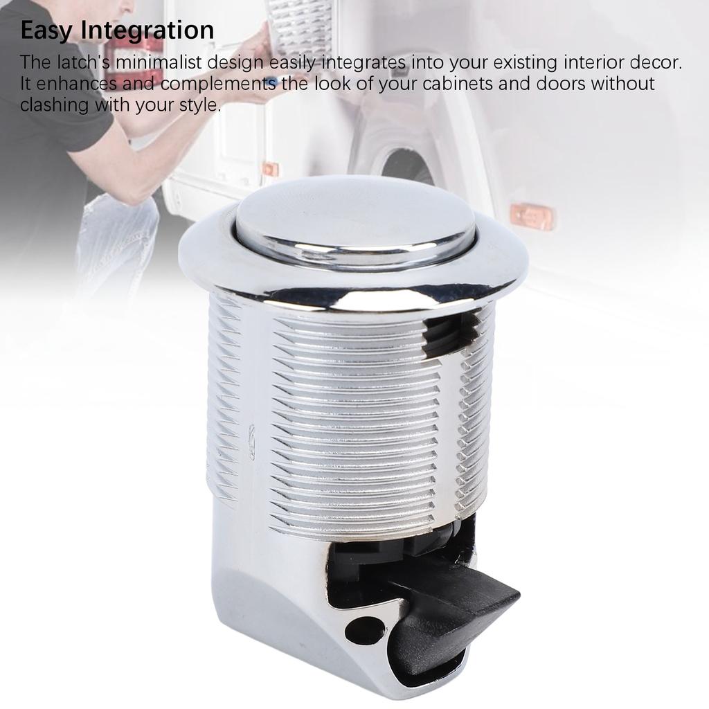 Západka s tlačítkem, zapuštěná, zvýšená bezpečnost, bezklíčový zámek skříněk pro obytné vozy, jachty, karavany, chrom