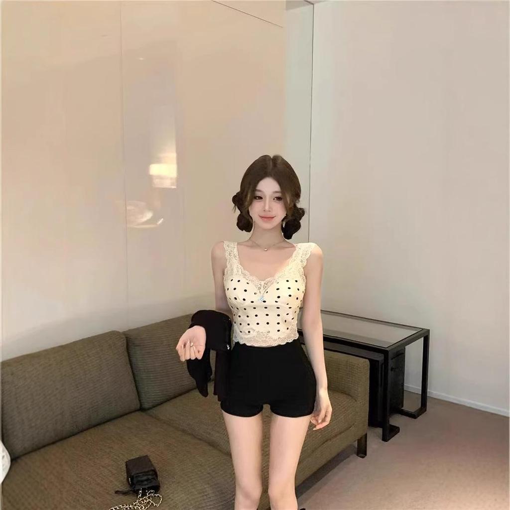 Women's French Polka Dot Lace Camisole - Summer Slim-Fit Sleeveless Top