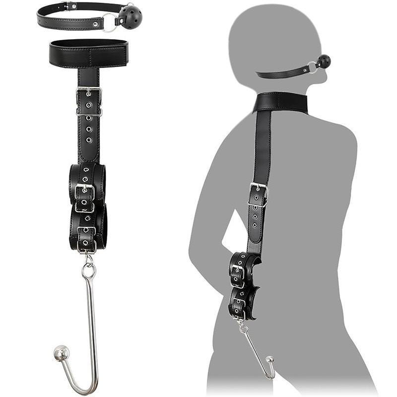 SM Adult Toys: Reverse Hand Gag with Upper & Lower Cuff Straps and Hooks, Metal Anal Plug, Leather Binding.