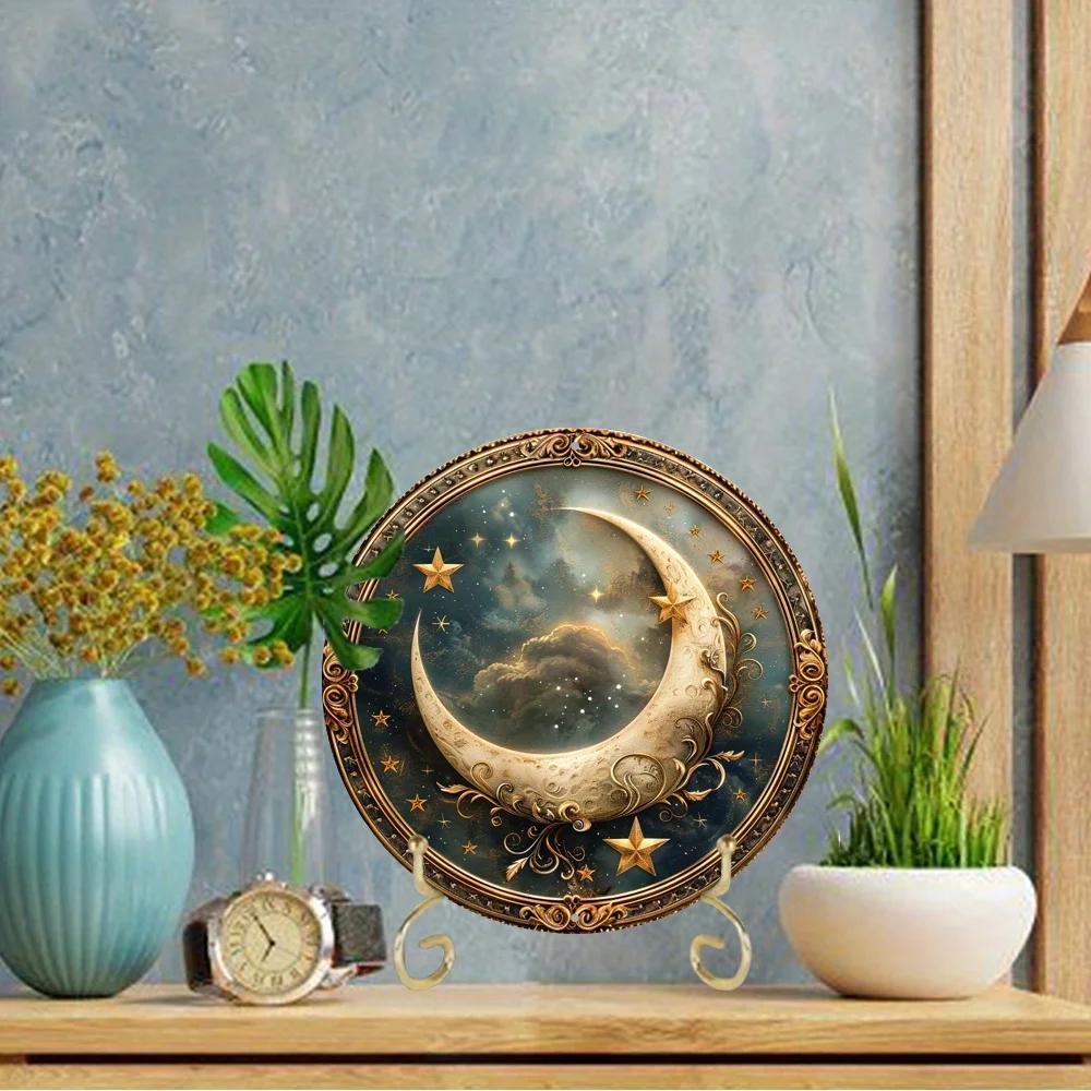 Round Wooden Decor Sign, Vibrant Stars and Moon Themed Wreath Design, Perfect for Home, Cafe, Wall Decoration