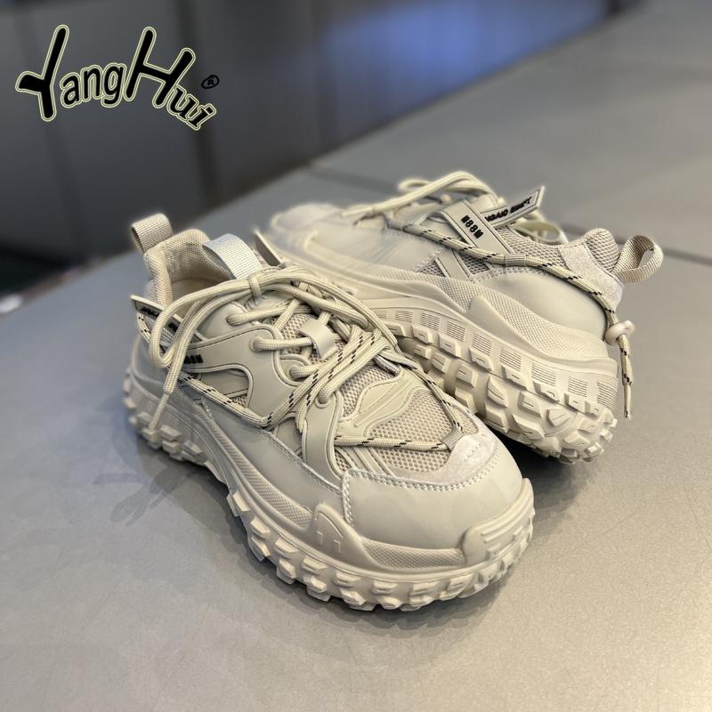 Retro Sports Leisure Tire Base Platform Shoes Heel Height Med 3cm-5cm Mesh Splicing Sneakers 2024 New Fashion Autumn and Winter