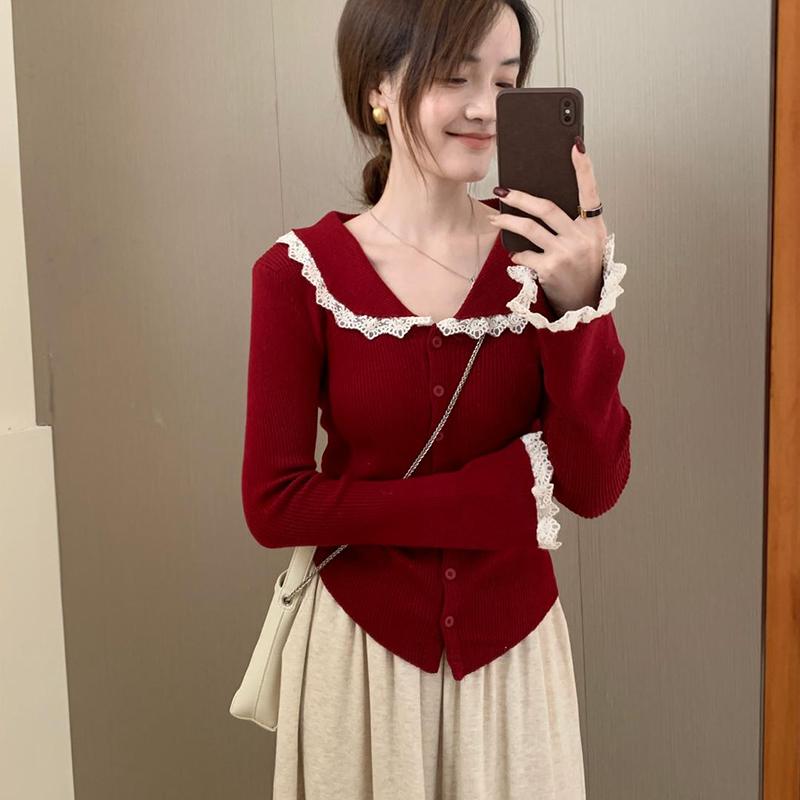 

Элегантный женский кружевной вязаный кардиган, свитер, куртка, осень, новая корейская мода, расклешенный длинный рукав, облегающий повседневный трикотажный свитер, женская одежда 2572 One Size бордовый