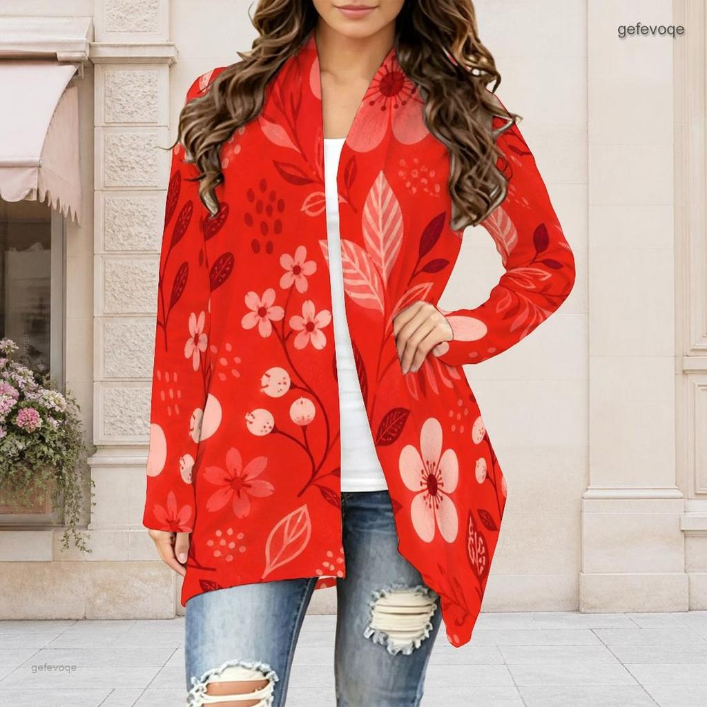 Women Plus Size Open Front Long Sleeve Draped Collar Floral Printed Black Curved Hem Cardigan