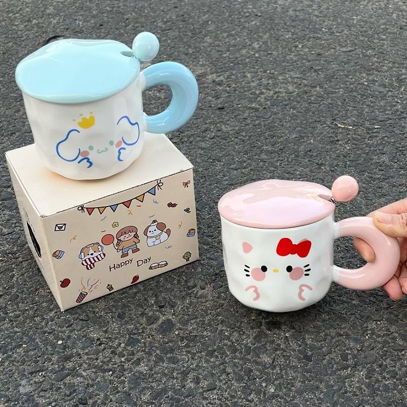 Cute Expression Mug with Lid Spoon Ceramic Cup Girls Couple Water Cup Home Children Breakfast Coffee Cup Men