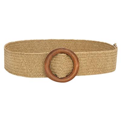Vintage Waist Belt Round Wooden Smooth Buckle Fake Straw Wide Belt