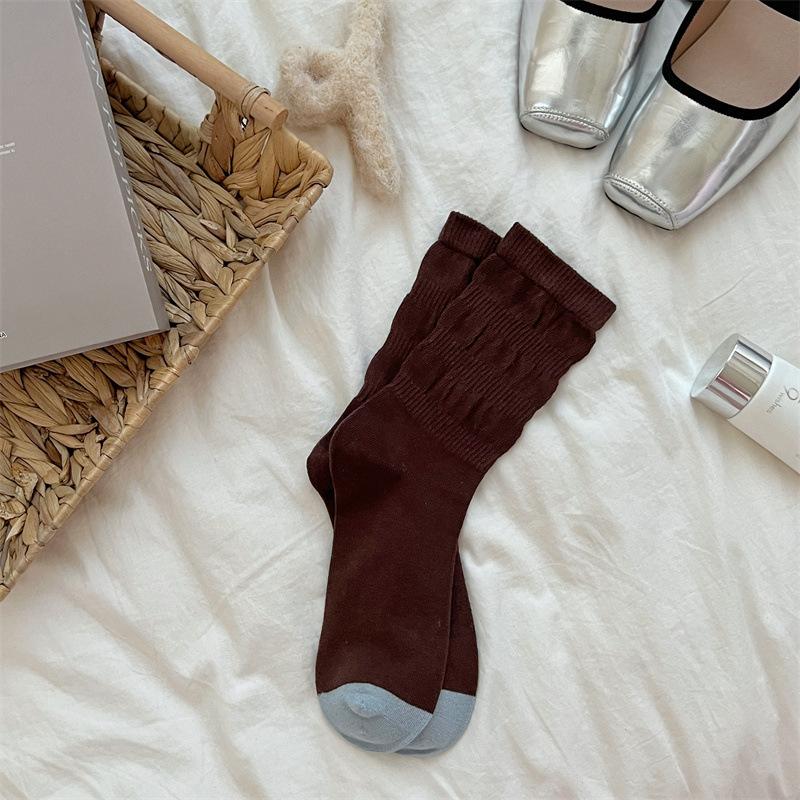 

Color-blocking Socks, Women s Mid-calf Socks, Spring and Autumn Trendy Coffee-colored Pure Cotton Bubble Mouth Color-blocking Pile Socks 1 pair кавовий