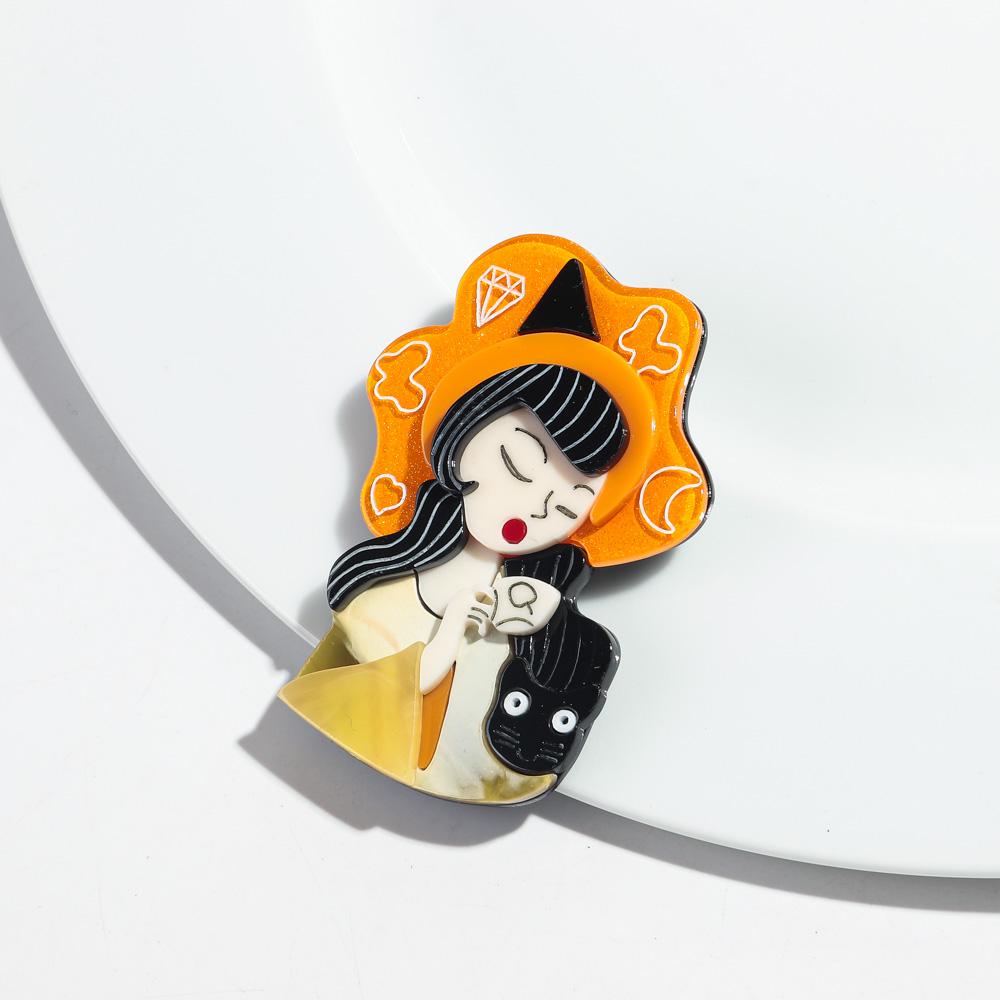 New Cute Coffee Girl Cat Acrylic Brooches for Women Cartoon Hat Lady Figure Badges Pins Female Office Jewelry Accessories Gifts
