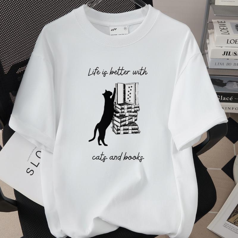 Trendiges Grenzüberschreitendes Katzen-Print-T-Shirt, 260g Reine Baumwolle, Kurzarm, Einfach 1002-45