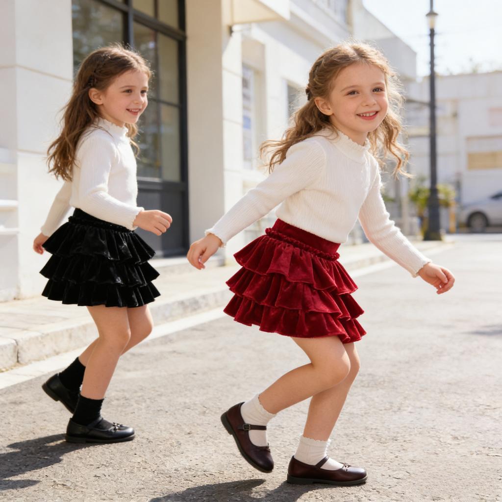 2026 Mädchen Schwarzer Samt Stufenrock Hohe Taille A-Linie Kurz Frühling Ausgestellt Partykleidung Schulkinder Vielseitige Lagenröcke