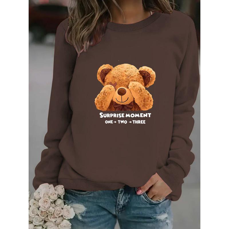 Women's Cartoon Bear Print Long-Sleeve Round Neck Pullover Hoodie - Autumn/Winter Collection