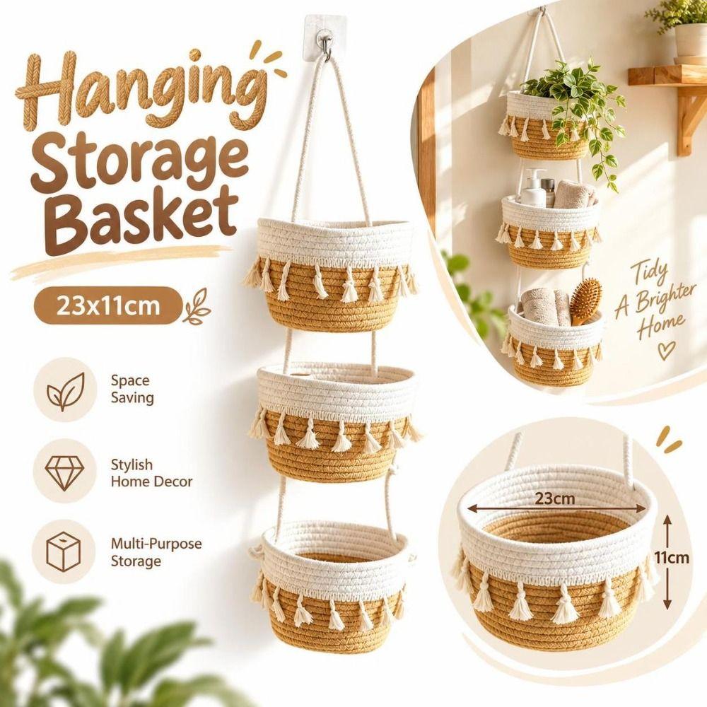 Cotton Rope Wall Hanging Basket Tiered Structure Woven Hanging Organizer Key Organization