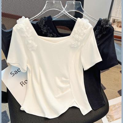 Fashion Short Sleeve T-shirt with 3D Floral Design for Summer Casual Wear