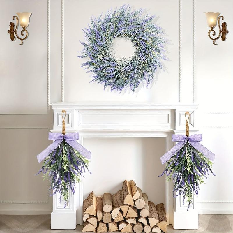 Simulated Artificial Lavender Bow Wall-mounted Purple Home Door Hanging with Green Plant Decoration On The Door Header